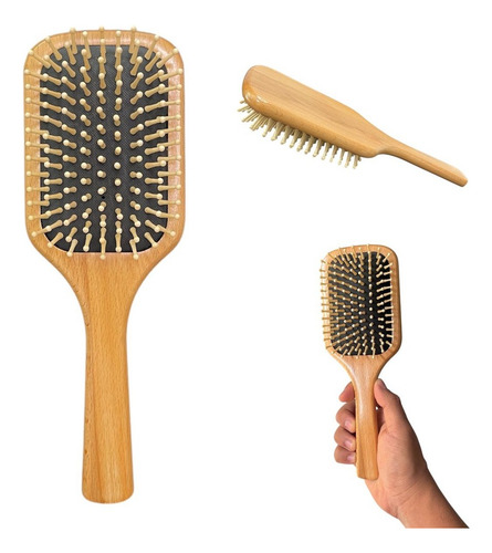 Escova Raquete Bambu Almofada Anti Estática Profissional