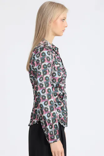 Blusa Satin Estampado Retro, Recogido, Rosa Liola