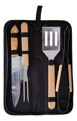 Kit X 4 De Asado Parrillero Acero Inoxidable Con Estuche
