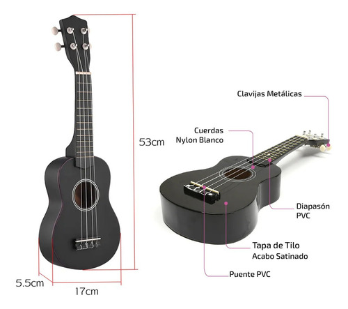 Kit De Ukelele Soprano Acústico De Madera De 21 Pulgadas Negro