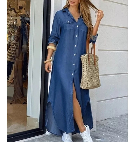 Vestido De Camisa Suelta Con Botón Y Bolsillos Con Estampado