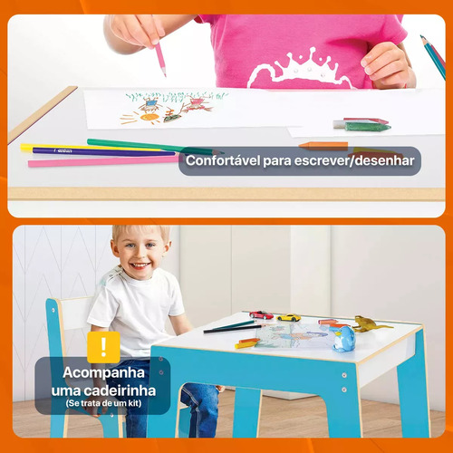 Mesa Com Cadeirinha De Madeira Resistente Para Crianças Azul