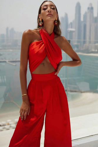 Palazzo Pantalon Conjunto Playa Rojo Elegante Top Jumpsuit Rojo Lisa S (Usado)