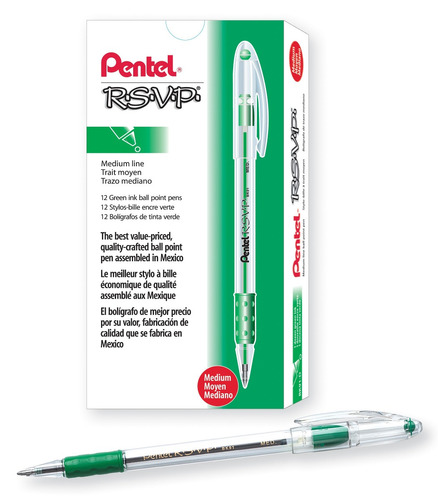 12 X Pentel R.s.v.p. Ballpoint Pen,medium Tip, Green Ink