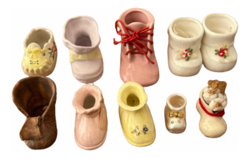 Lote De 10 Zapatos Decorativos Antiguos De Cerámica