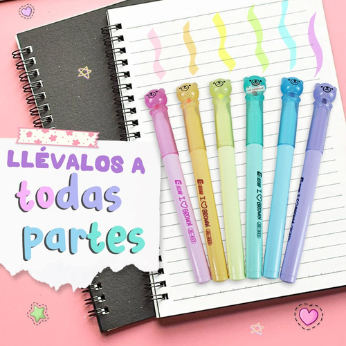 Imagen 6 de 9 de Set De 6 Marcatextos Colores Pastel Forma De Osito Kawaii