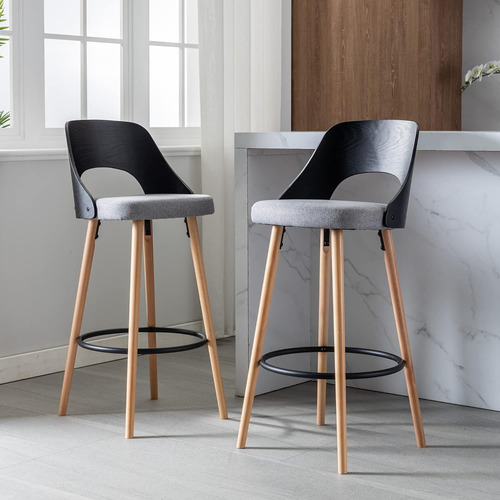 Sillas De Bar De Madera Con Asiento De Tela Gris, Respaldo D