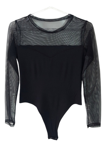 Body Tul Negro Manga Larga Lycra Corte Corazon Negro U