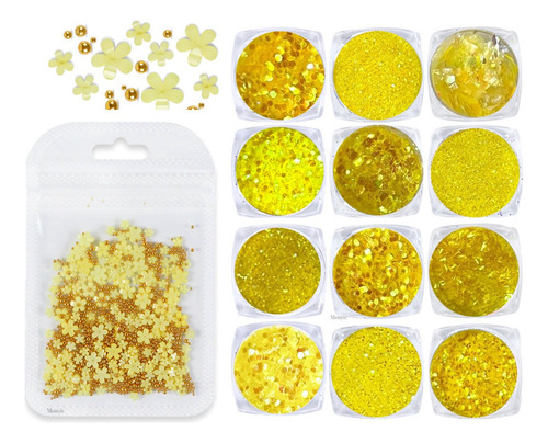 Balin Flores Glitter Hojuelas Y Decoracion Para Uñas Color Amarilla