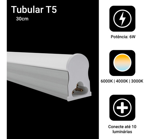 Kit 5 Tubular Led T5 30cm 6w C/ Calha Acoplada Completa Frio Luz Branco-frio 127/220v - 127/220v