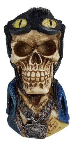 Crânio Caveira Skull Cabelo Motoqueiro Decorativo Resina