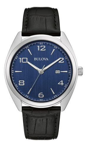 Reloj De Piel Negra Y Esfera Azul Bulova 96b351