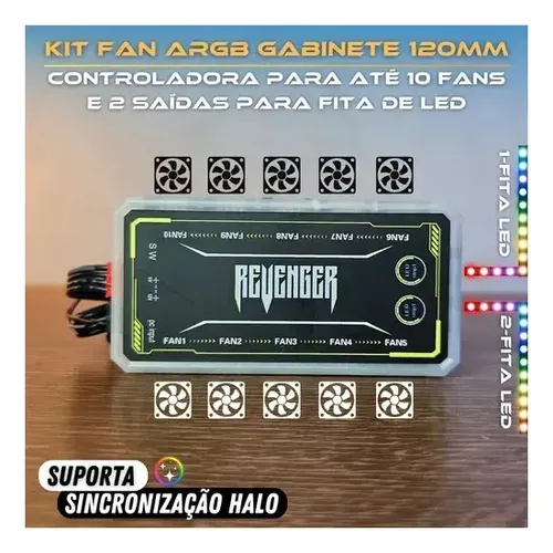 Kit com 3 Ventoinhas Revenger RGB 120mm para PC Gamer com Controladora ...