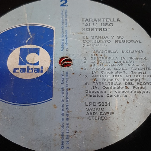 Sin Tapa Disco El Sarda Su Conj Regional Tarantella Cl0