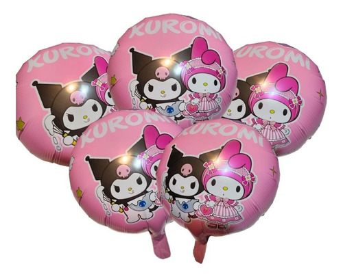 Pack 5 Globos Metalizados De Kuromi & My Melody Redondo 45cm