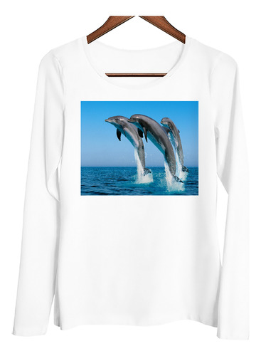 Remera Mujer Ml Delfines Mar Salto Salpicando Agua