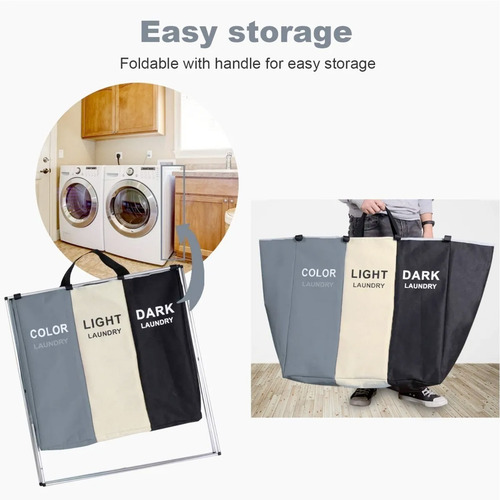 Imagen 7 de 10 de Cesto Ropa 3 Secciones Plegable Lavandería Hogar Recamara