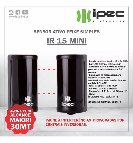 Sensor Anti-esmagamento Fotocélula Ir 15 Mini Digital - Ipec