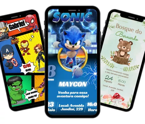 Convite de Aniversário Sonic - 12 Unidades