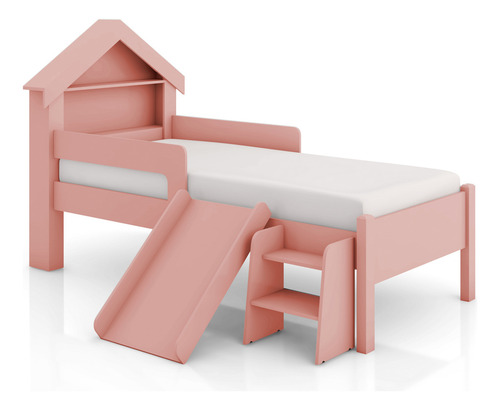Neloja Mini Cama Casinha Infantil Berço Moderno Com Prateleiras Meninas Quarto Da Criança Princesa Com Grade Lateral De Proteção Com Escorregador E Escada Com Colchão Cor Rosa