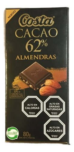 Chocolate Barra Costa 62% Cacao Con Almendras 80 Grs