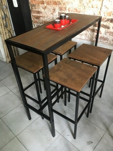 Mesa Barra Bar Hierro Madera 100x40 + 4 Taburetes Cerveza