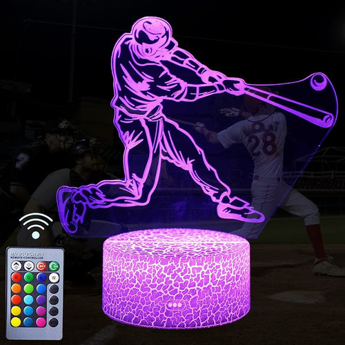 Lampara 3d Night Light Jugador De Beisbol Con Control Remoto