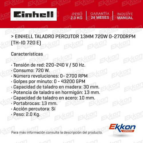 Imagen 2 de 8 de Taladro Percutor Einhell 13mm 0-2700rpm Th-id 720 E
