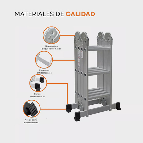 Escalera Articulada Aluminio 4x3 Carga 150 Kg 12 Escalones Plateado