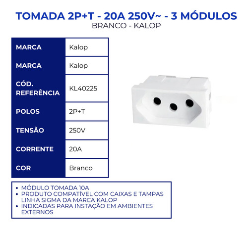 Tomada Externa Kalop branco 3 tomadas De Embutir A Prova De Agua 20a Ip55