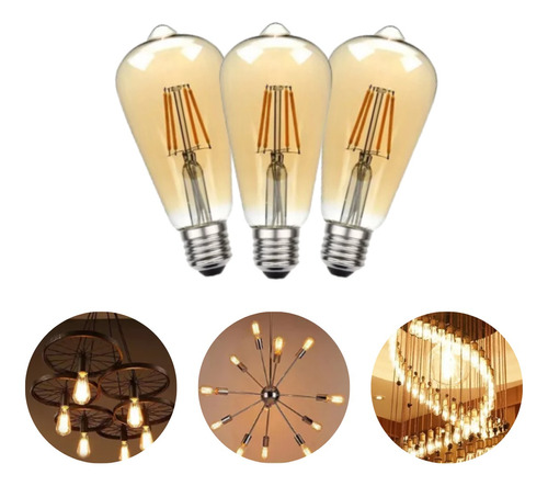 3 Lâmpadas Led Decorativa Retrô Vintage Filamento Âmbar St64