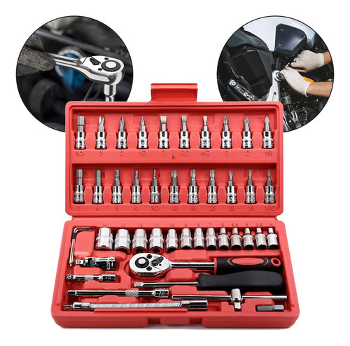 Set Caja Herramientas Juego Llave Tubo Kit 46 Piezas Estuche Rojo