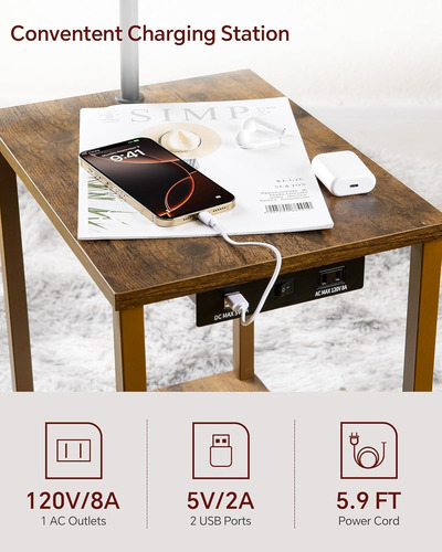 Lámpara De Pie Con Mesa Auxiliar Y Estacion De Carga Usb