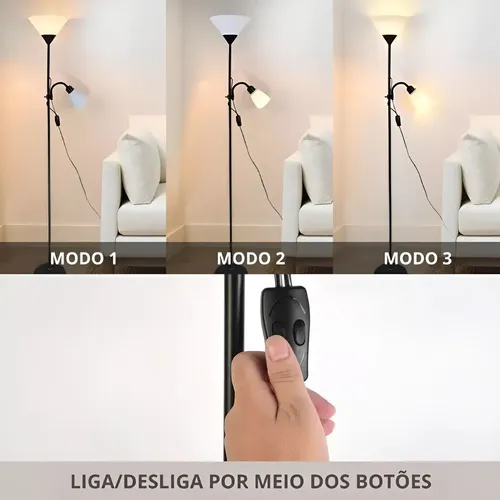 Luminária Chão 1,7m Articulada Dupla 2 Lâmpadas Piso Abajur