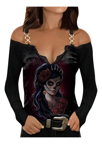 1u Blusa Mujer Metal Sin Tirantes Calaveras Estampado Largo