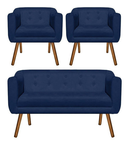 Kit Sofá Retrô E 02 Poltronas Julia Suede Azul Marinho Cor Azul-marinho