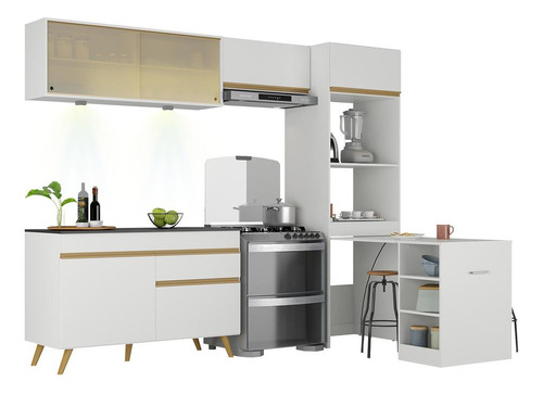Armário Cozinha Compacta 252cm Veneza Up Multimóveis V2029 Cor Branco/Dourado