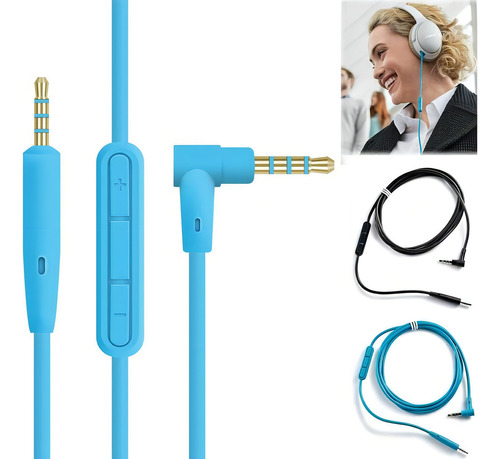 Cabo Compatível Fone Qc25 E Qc35 - P2 X P1 - Mic E Controle Cor Azul-celeste Luz Azul