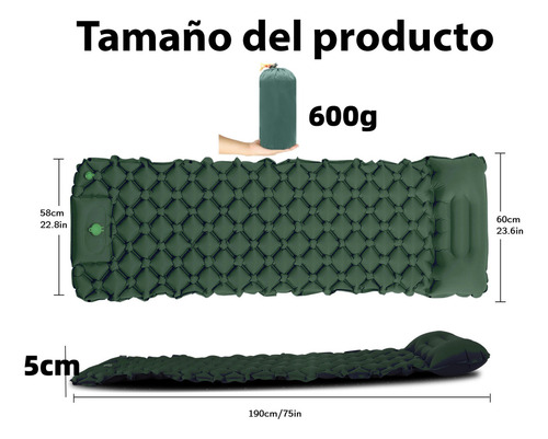 Colchón hinchable automático portátil ultraligero Joyfox, individual, con almohada, color verde, para hasta 200 kg, 190 x 60 x 5 cm