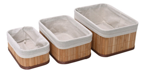 Kit 3 Cestos Organizador De Bambu Multiuso Com Forro