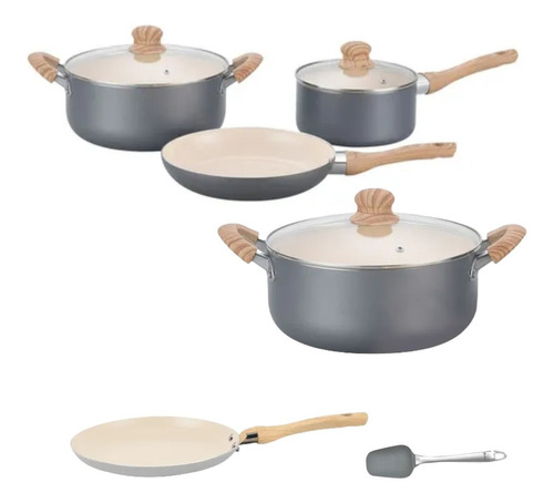 Set Hudson Gris Gray 8pz Cerámica Antidh Panquequera Olla 26