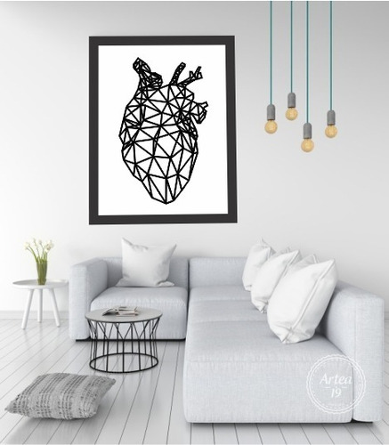 Cuadro Minimalista Corazón Geométrico 3d Blanco Y Negro 