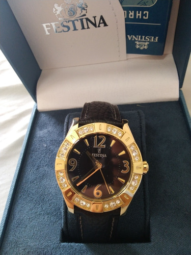 Relógio Festina F16580 Dourado Feminino Pulseira Couro