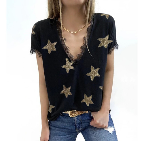 Camiseta De Verano Con Cuello En V Y Estampado De Estrellas,