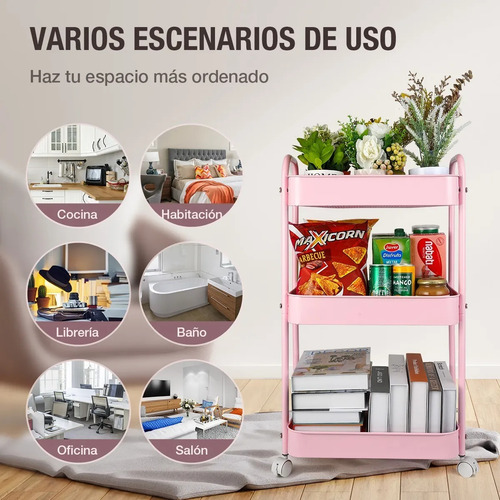 Carrito Organizador Multiusos De Metal, 3 Niveles Y Ruedas Rosa Claro