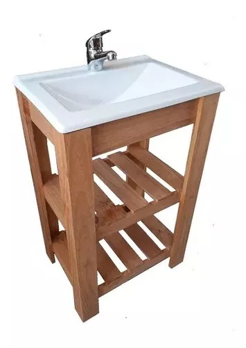 Mueble para baño DF Hogar Campo pie + bacha + grifería de 50cm de ancho, 80cm de alto y 37cm de profundidad, con bacha color blanco y mueble nogal claro con un agujero para grifería