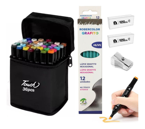 Kit Dibujo Marcadores X36 Doble Punta Lápices Saca Puntas