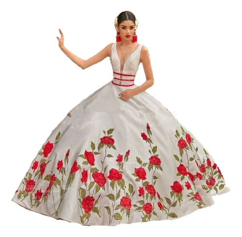 Vestido De Quinceañera Mexicana Con Rosas Bordadas 