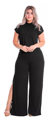 Calça Wide Malha Canelada Preta - Plus Size