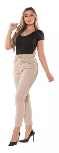 Calça Feminina Sarja Slouchy Caqui Verão Disfarça Barriga